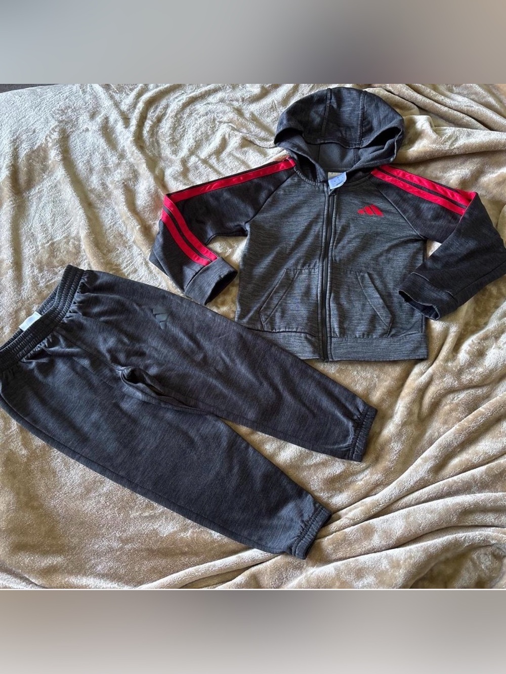 adidas Kids Charcoal Gray Sweatshirt & Joggers with Pink Stripes